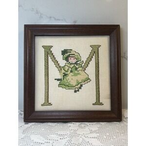 Vintage Framed Cross Stitch Initial M Girl Green Dress Kate Greenaway Style